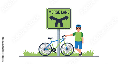 Man With Bicycle Stands Near Merge Lane Roadsign Representing Route Choices