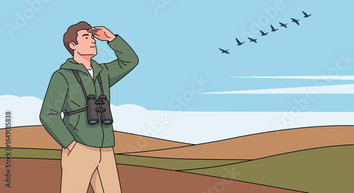 Man With Binoculars Looking Towards Flying Birds At Nature Landscape