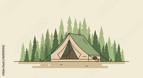 Minimalist illustration of a tent nestled within a dense pine forest landscape