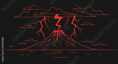 Minimalist illustration of a volcanic eruption with lightning striking above it in red tones against a black background