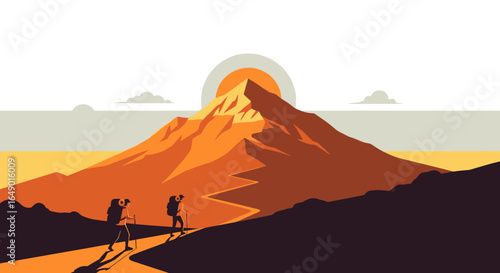 Minimalist illustration of hikers ascending a mountain towards the rising sun