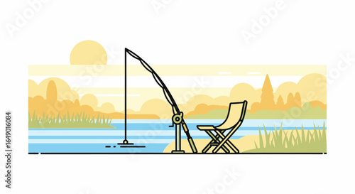 Minimalist Illustration Of Relaxing Fishing Trip By The Lake During Sunset