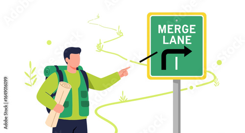 Man With Map Consults A Merge Lane Road Sign For Directions And Navigation