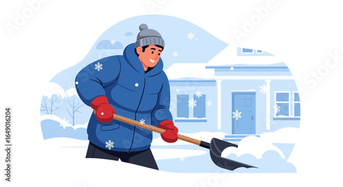 Man With Shovel Removing Snow From House Front During Winter Season