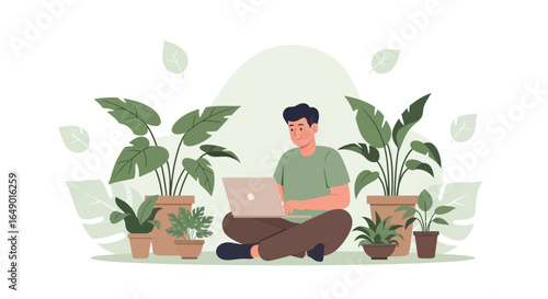 Man Working On Laptop Surrounded By Plants Represents Work From Home Concept