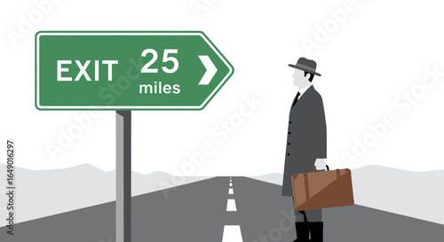 Man With Suitcase Stands Near An Exit Sign At Distance Of Twenty Five Miles
