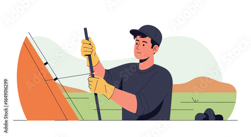 Man Working On Solar Panel Installation In Outdoor Landscape Project