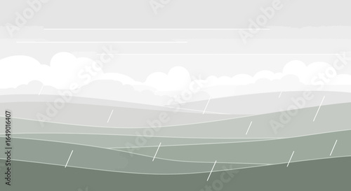 Minimalist Landscape Of Rolling Hills In The Rain Under Gray Sky