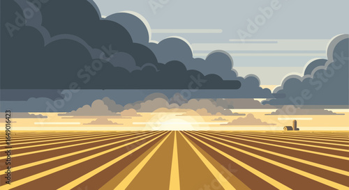Minimalist Landscape of Farmland With Stormy Sky at Dusk Rural Vista