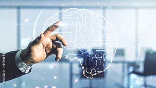 Futuristic Technology and AI: A Businessman Interacts with a Digital Brain Interface Concept