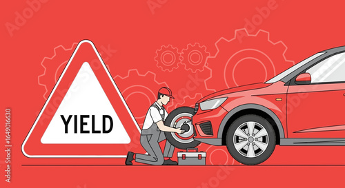 Mechanic Repairing Car At Roadside With Yield Warning Sign Backdrop