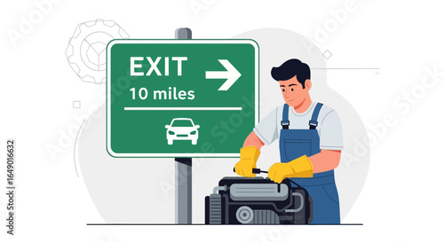 Mechanic Repairs Engine at Roadside Near Highway Exit Sign with Car Graphic