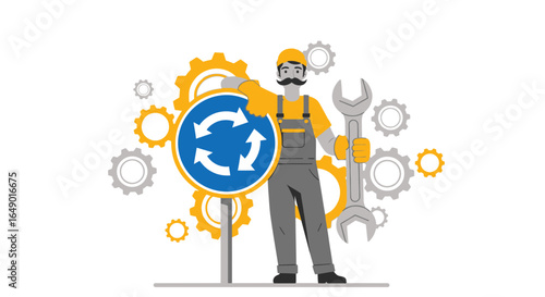 Mechanical Engineer Next A Sign, With Gears And A Wrench Vector Illustration