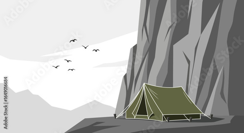 Minimalist Mountain Camp Scene With Birds For Travel And Adventure Concept