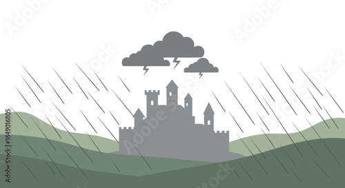 Medieval Fortress Illustration Under Stormy Weather and Heavy Rain Silhouette