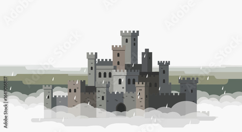 Medieval castle illustration under rainy clouds evokes a sense of fantasy and history