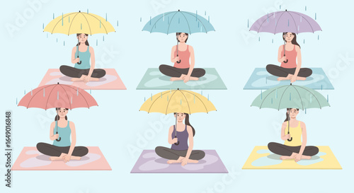 Meditating Under Umbrellas Spiritual Harmony and Serenity On Rainy Days Creative Concept