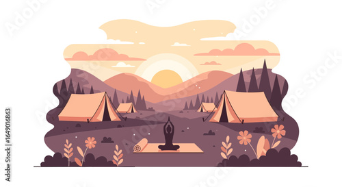 Meditative Morning: A Yogi Practicing Asanas in Peaceful Mountain Campsite