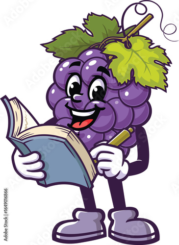 Cartoon mascot of a grape holding a book