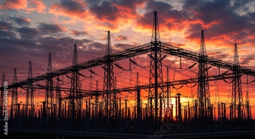 Dramatic sunset illuminates a large electrical substation, showcasing intricate metal structures against a fiery sky.