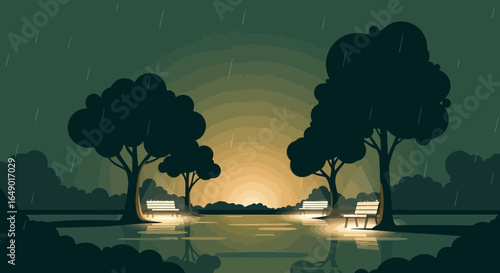 Melancholic Rainy Evening Park Landscape With Benches And Reflections