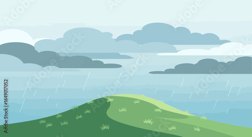 Minimalist Rainy Landscape Scene with Grass Hills and Cloudy Sky