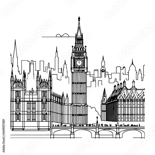 Continuous Line Drawing of Big Ben and the Palace of Westminster – Minimalist London Landmark Illustration