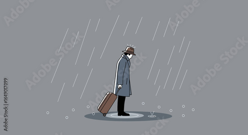 Melancholy Journey: A Traveler's Loneliness Under the Relentless Rain minimal