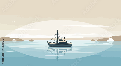 Minimalist Seascape With Fishing Boat On Calm Ocean Under Gentle Sky