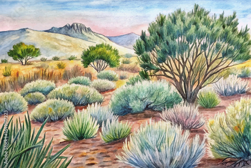 Shrubland with sagebrush, manzanita, and wild grasses desert landscape