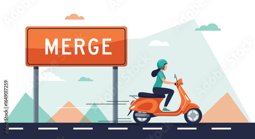 Merge Ahead Scooter Rider Illustration for Traffic Safety Concepts