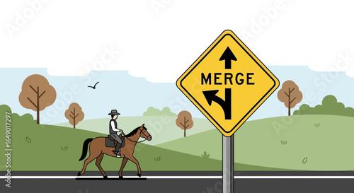 Merge Ahead Western Horseman Riding On Country Road Near A Warning Sign