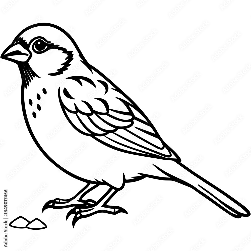 Fototapeta premium Black and white line drawing of a sparrow bird eating seeds