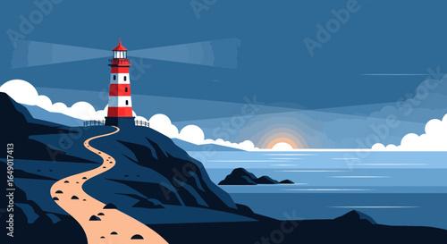 Minimalist vector illustration of a red and white lighthouse at sunset guiding ships to safety on the sea