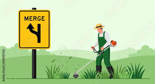 Merge Into Nature Lawn Care Concept Illustration With Gardener Working