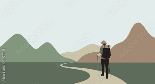 Minimalist vector illustration of a man hiking towards a scenic mountain range