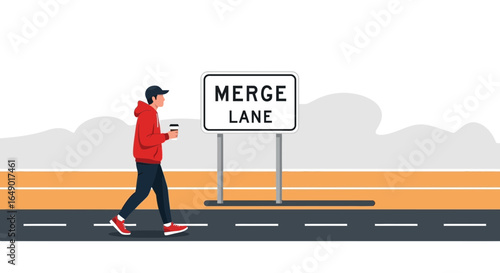 Merge Into New Paths Young Man Walking By Roadside Sign With Coffee