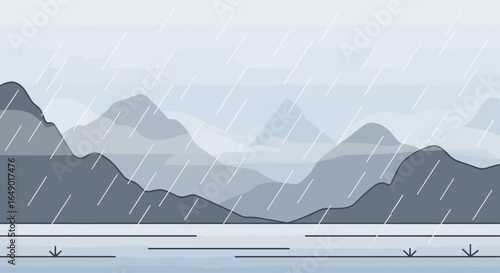Minimalist Vector Illustration Of Mountain Landscape In Rainy Weather For Backgrounds