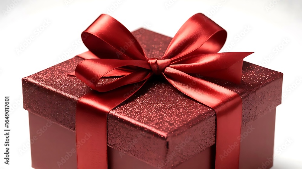 Obraz premium Close up of a sparkly red gift box with a satin ribbon bow on a white background present