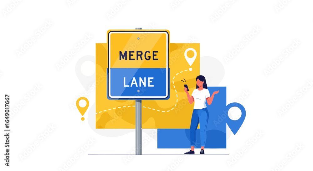 Obraz premium Merge Lane Awareness Vector Illustration Woman Checking Gps Application