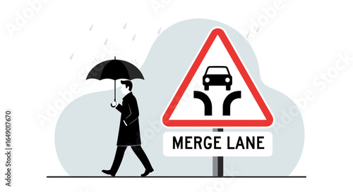 Merge Lane Alert During Rainy Day With Pedestrian Silhouette Under Umbrella