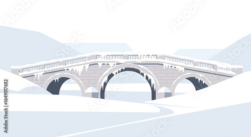 Minimalist Winter Landscape Of An Old Stone Bridge Covered With Snow