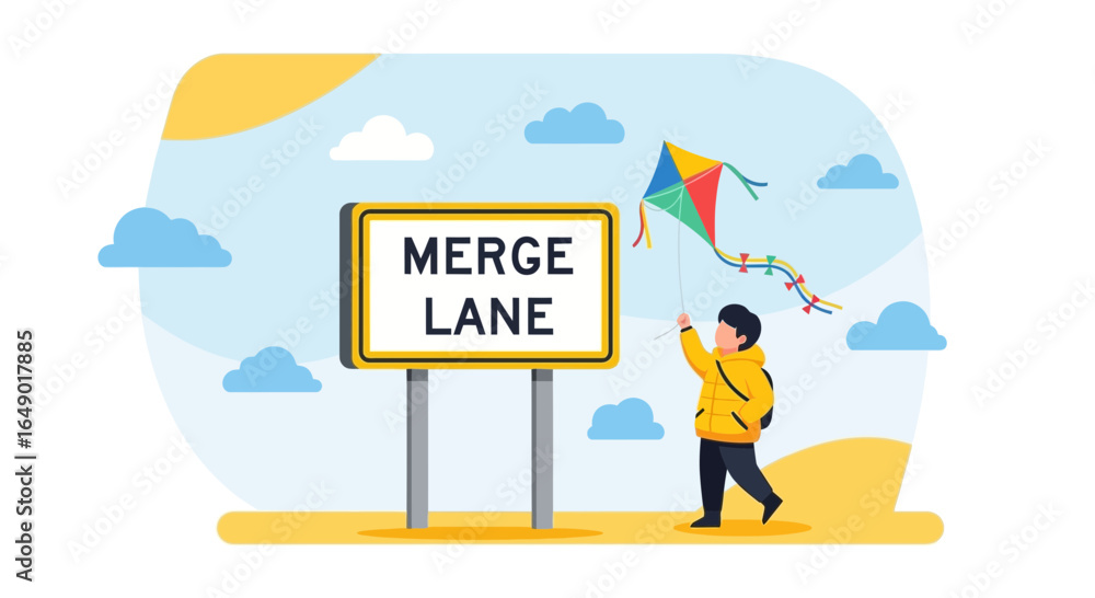 Obraz premium Merge Lane Concept Illustration With Kid Flying a Kite on Beautiful Day