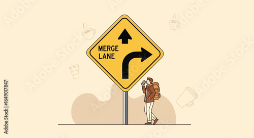 Merge Lane Concept With A Man Enjoying Hot Drink While Waiting