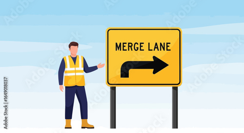 Merge Lane Illustration Road Worker Shows Direction With Signpost Symbol