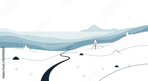 Minimalistic Landscape Vector Illustration With Road And Mountain In The Background