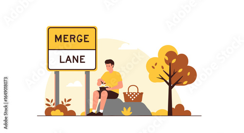 Merge Lane Illustration With Man Enjoying A Picnic, A Modern Traffic Road Scene