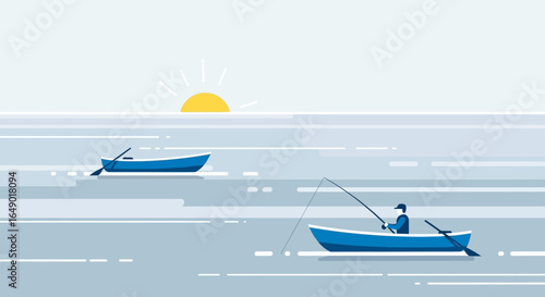 Minimalistic Illustration Of A Person Fishing On A Boat At Sunrise