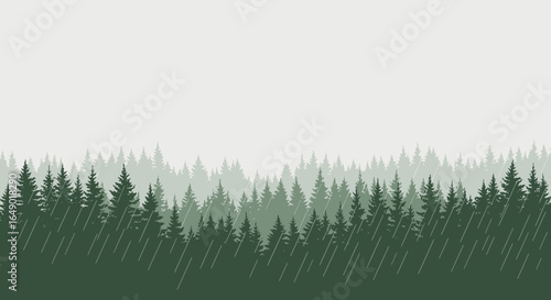 Misty Forest With Rainfall Illustration Evergreen Tree Silhouette Landscape Design