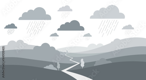Misty Plains Landscape Under Cloudy Skies And Scattered Rain With Winding Path